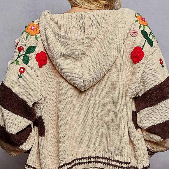 POL Cream and Navy Striped Cardigan with Floral Accents - Picture 9 of 12